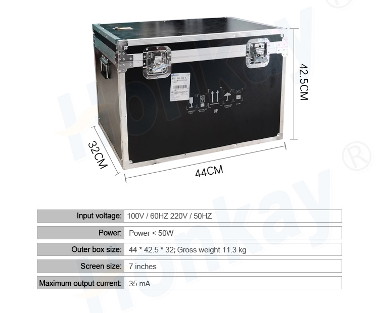 A black flight case with aluminium edging shown with its three outer dimensions marked on the corners, above a specification block listing input voltage, power, outer box size, screen size and maximum output current