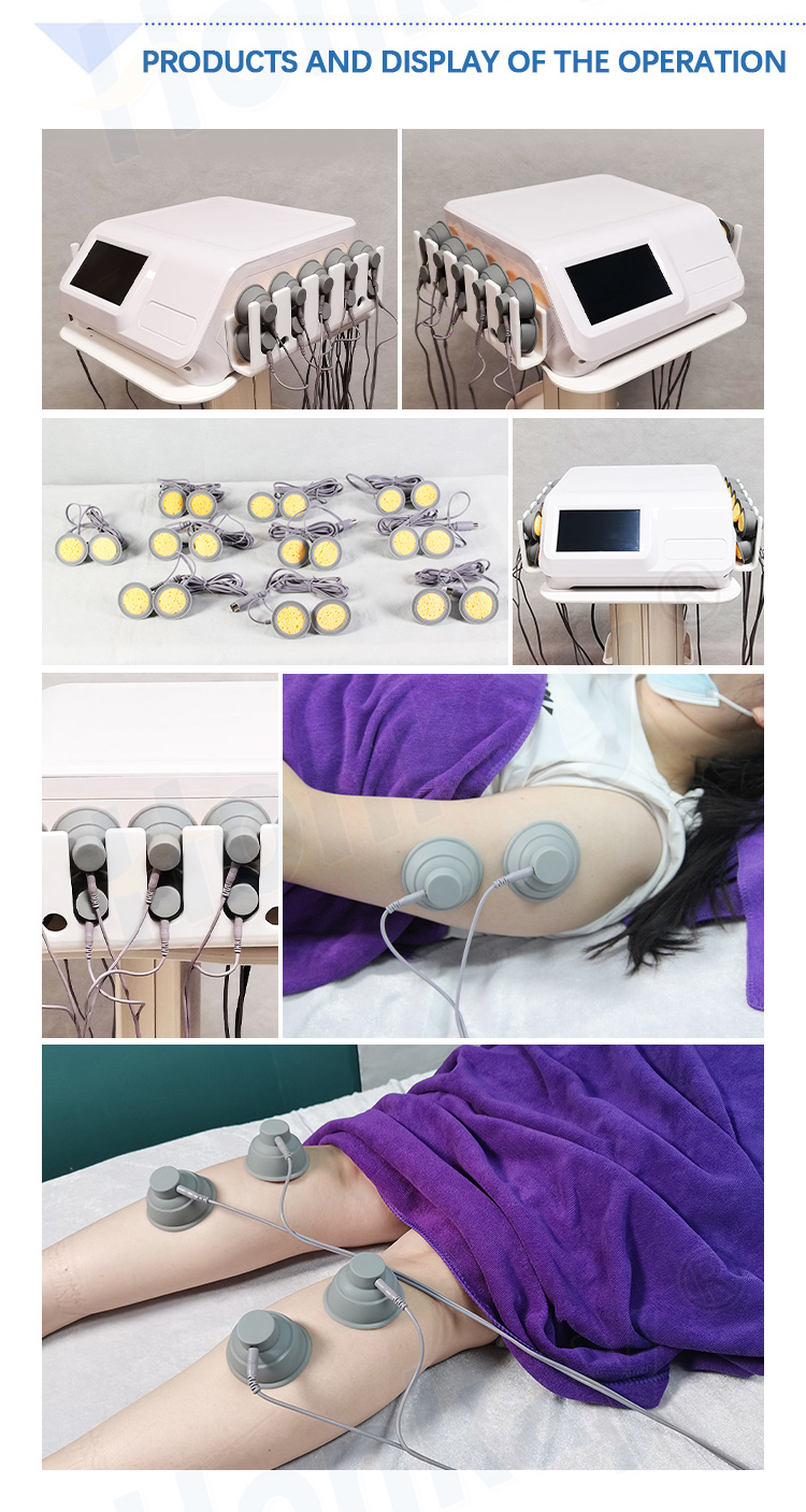 Six photographs headed products and display of the operation, showing the stimulator from two angles, a tray of paired vacuum cups with yellow inserts, a close-up of the output ports with cables plugged in, and two treatment photographs with cups seated on an upper arm and along a thigh