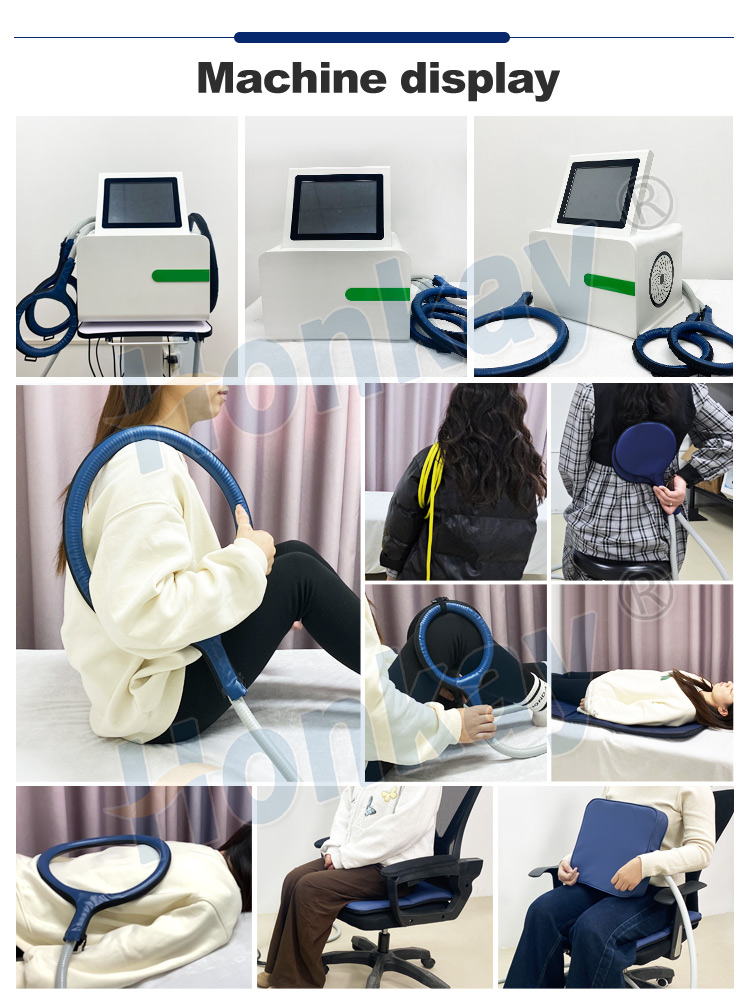 A collage titled Machine display showing the same white magnetic-field console from three angles, then clients using its loop applicator on a couch, over the shoulder and at the ankle, its mat under the lower back, and its cushion while seated on a chair