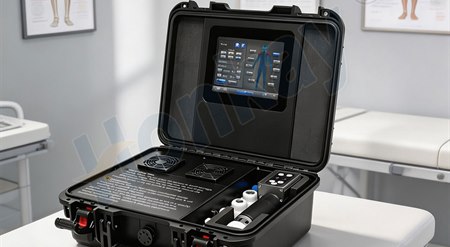 Suitcase-format shockwave therapy machine set up in a clinic treatment room
