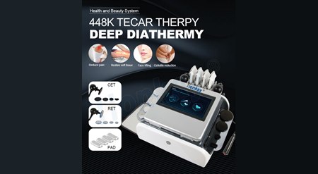 448 kHz TECAR therapy platform shown with its capacitive, resistive and PAD applicator sets