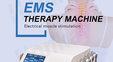 A banner reading EMS therapy machine with the subtitle electrical muscle stimulation, above a white stimulator with a colour touchscreen and a row of grey vacuum cups clipped along its side