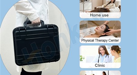 Portable shockwave unit in a carry case beside scenario panels for home use, physical therapy centre and clinic settings