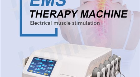 A white electrical-muscle-stimulation console with a touchscreen front panel and a row of electrode leads along its side, pictured beside electrodes applied across a client's neck and upper back