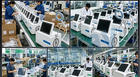 Rows of magnetic-therapy consoles with their loop applicators fitted, moving along a factory assembly line during final assembly