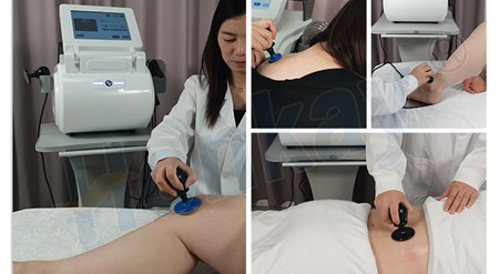 Four panels from a clinic treatment room showing an operator in a white coat holding a round applicator against a client's thigh, shoulder, foot and abdomen, with the console on its trolley beside the couch
