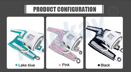 Three pressotherapy units in lake blue, pink and black finishes, each pictured with its air-compression garment set under the heading product configuration