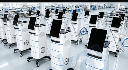Rows of identical standing magnetic-therapy platforms lined up across a bright assembly hall, shown as a factory display of equipment built for private-label orders