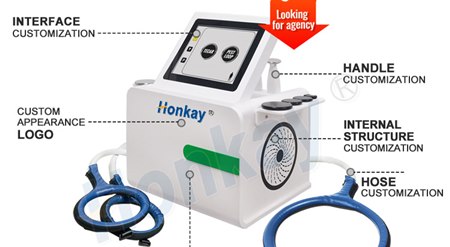 A compact white TECAR therapy console with a touchscreen on top, two cable handles clipped to its side, and a loop applicator on a lead in front of it, with callouts marking the parts that can be customised