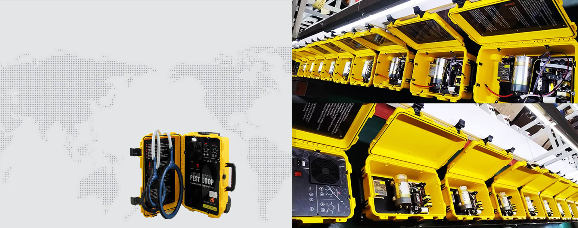 A dotted world map beside a production bench where rows of portable therapy units stand open, showing their wiring, handles and control panels during assembly
